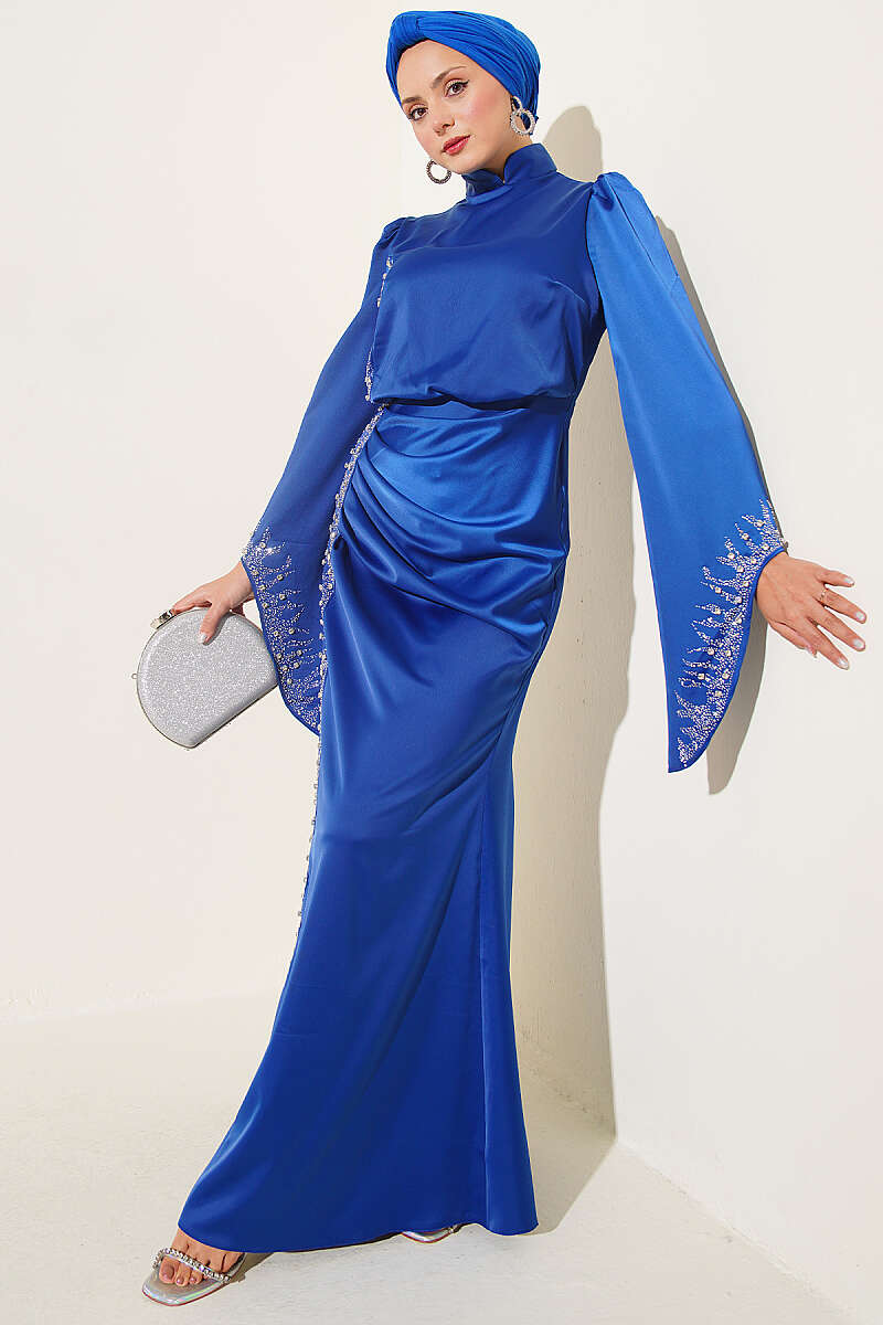 Draped Embellished Satin Evening Dress - Saxe Blue