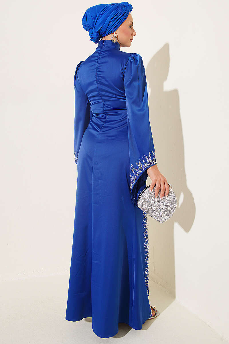 Draped Embellished Satin Evening Dress - Saxe Blue