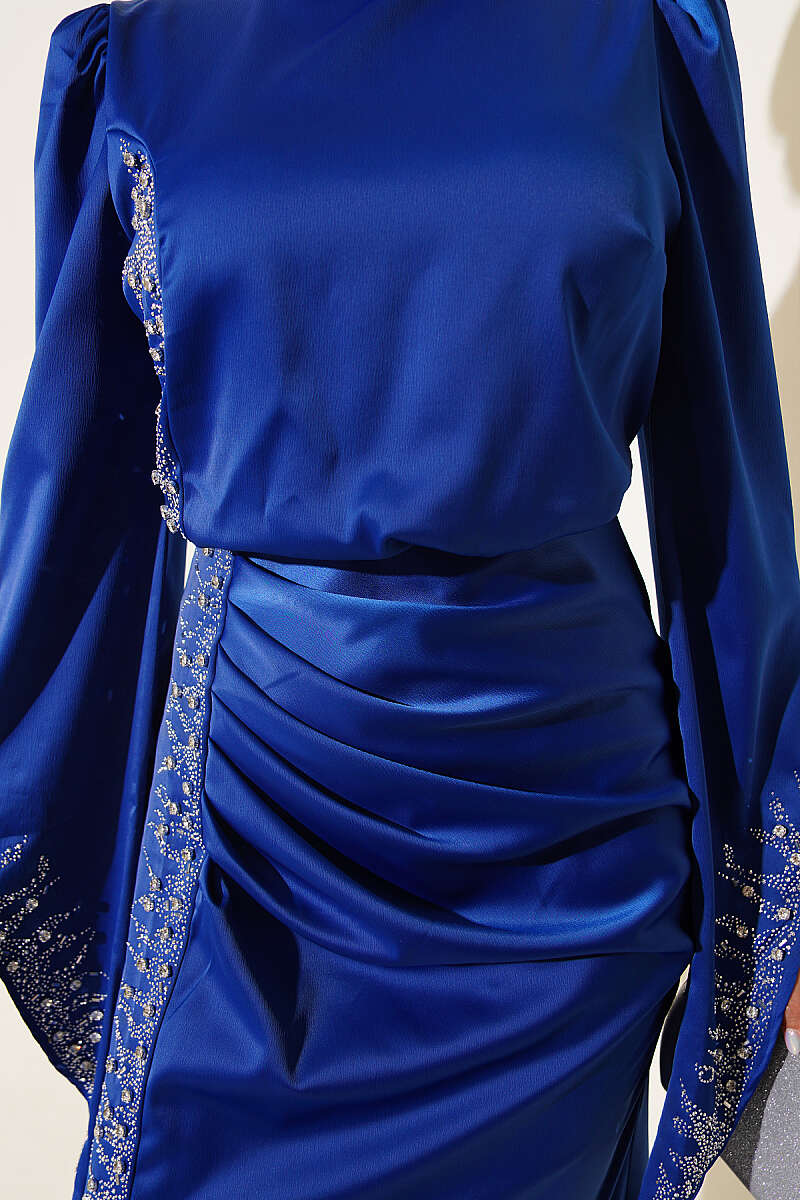 Draped Embellished Satin Evening Dress - Saxe Blue