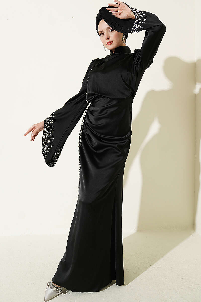 Draped Embellished Satin Evening Dress - Black