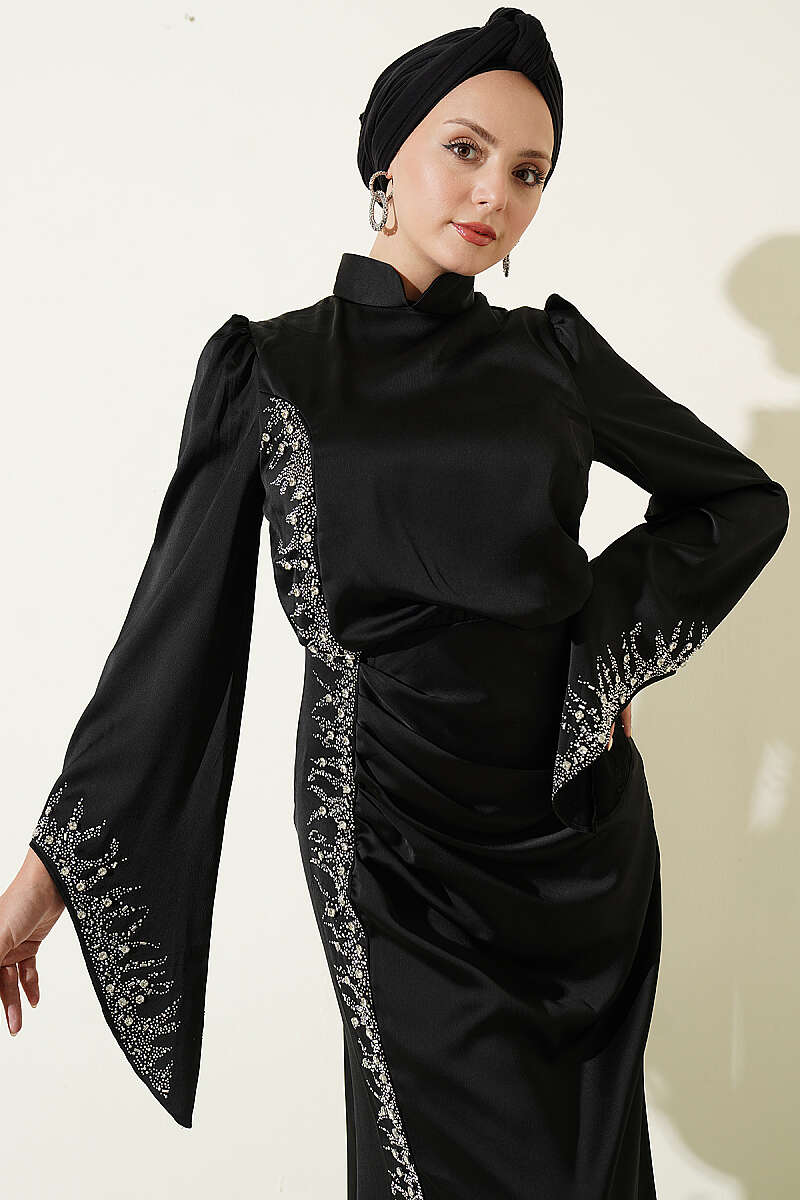 Draped Embellished Satin Evening Dress - Black