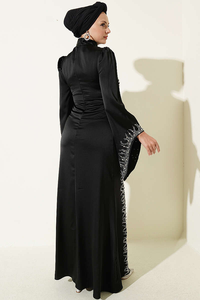 Draped Embellished Satin Evening Dress - Black