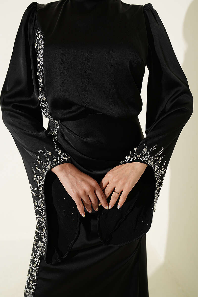 Draped Embellished Satin Evening Dress - Black