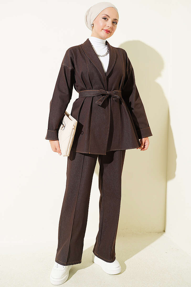 Belted Denim Two-Piece Set with Double Sleeves - Dark Brown