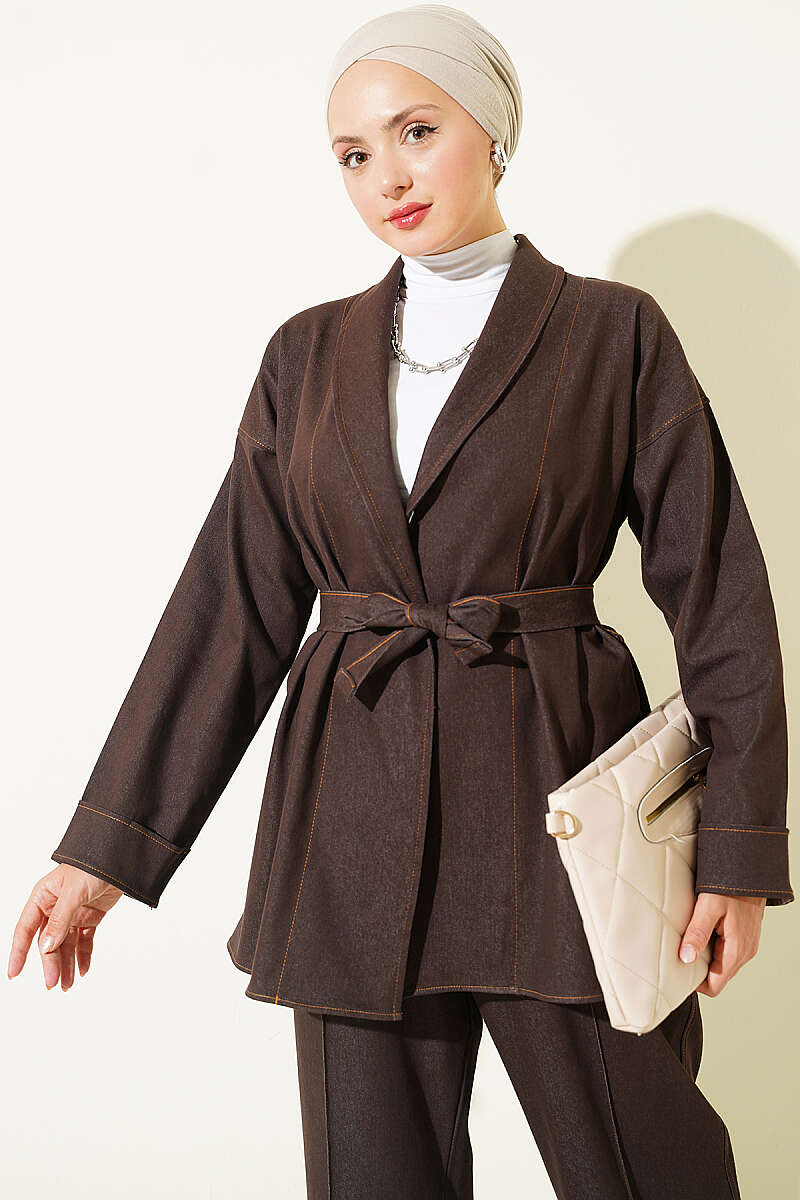 Belted Denim Two-Piece Set with Double Sleeves - Dark Brown