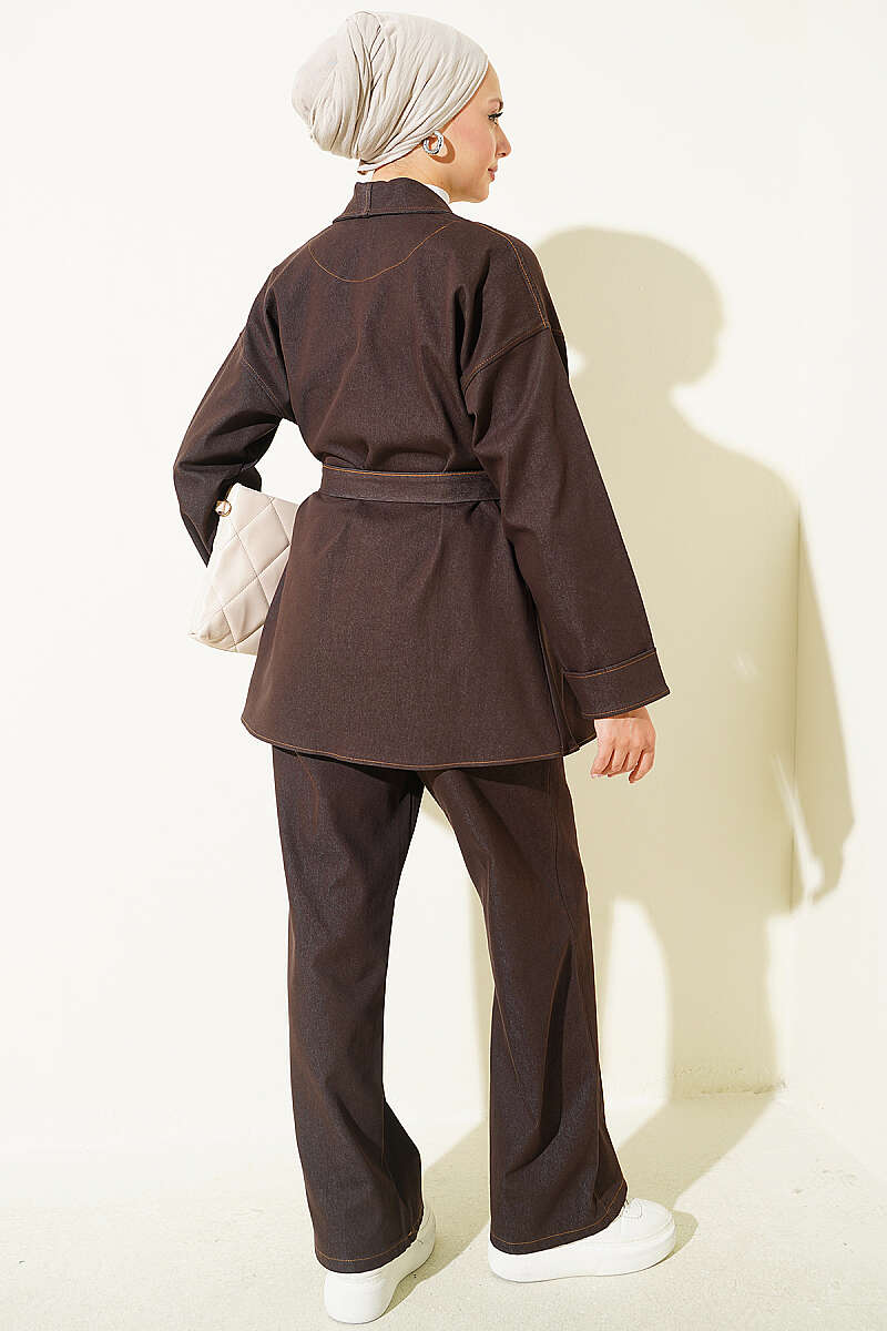 Belted Denim Two-Piece Set with Double Sleeves - Dark Brown