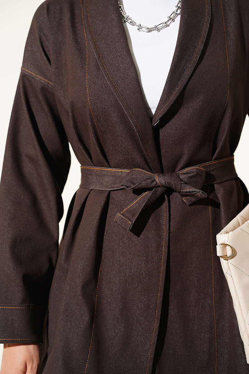 Belted Denim Two-Piece Set with Double Sleeves - Dark Brown