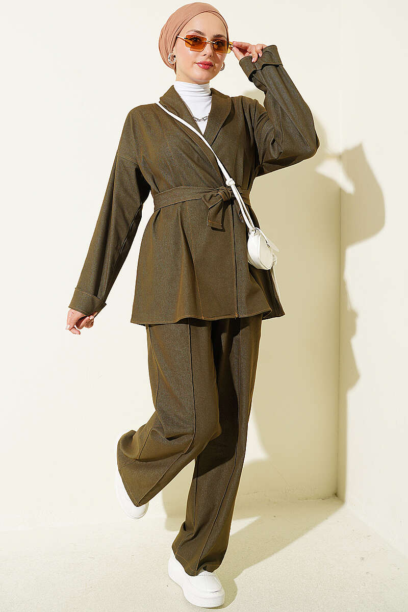 Belted Denim Two-Piece Set with Double Sleeves - Khaki