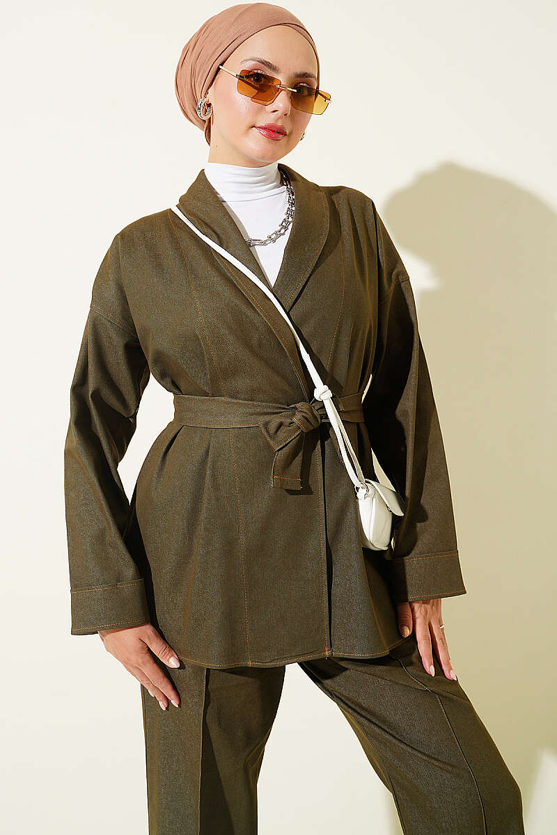 Belted Denim Two-Piece Set with Double Sleeves - Khaki