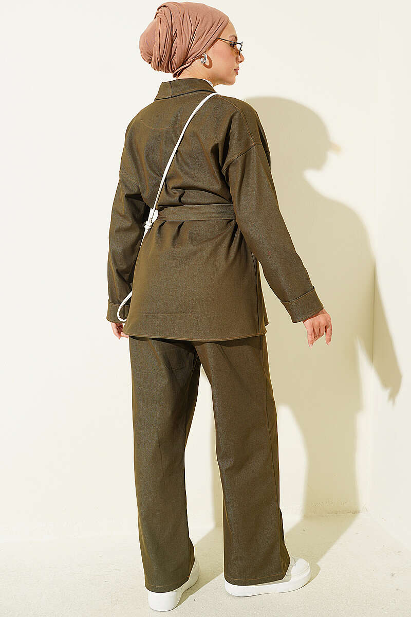 Belted Denim Two-Piece Set with Double Sleeves - Khaki