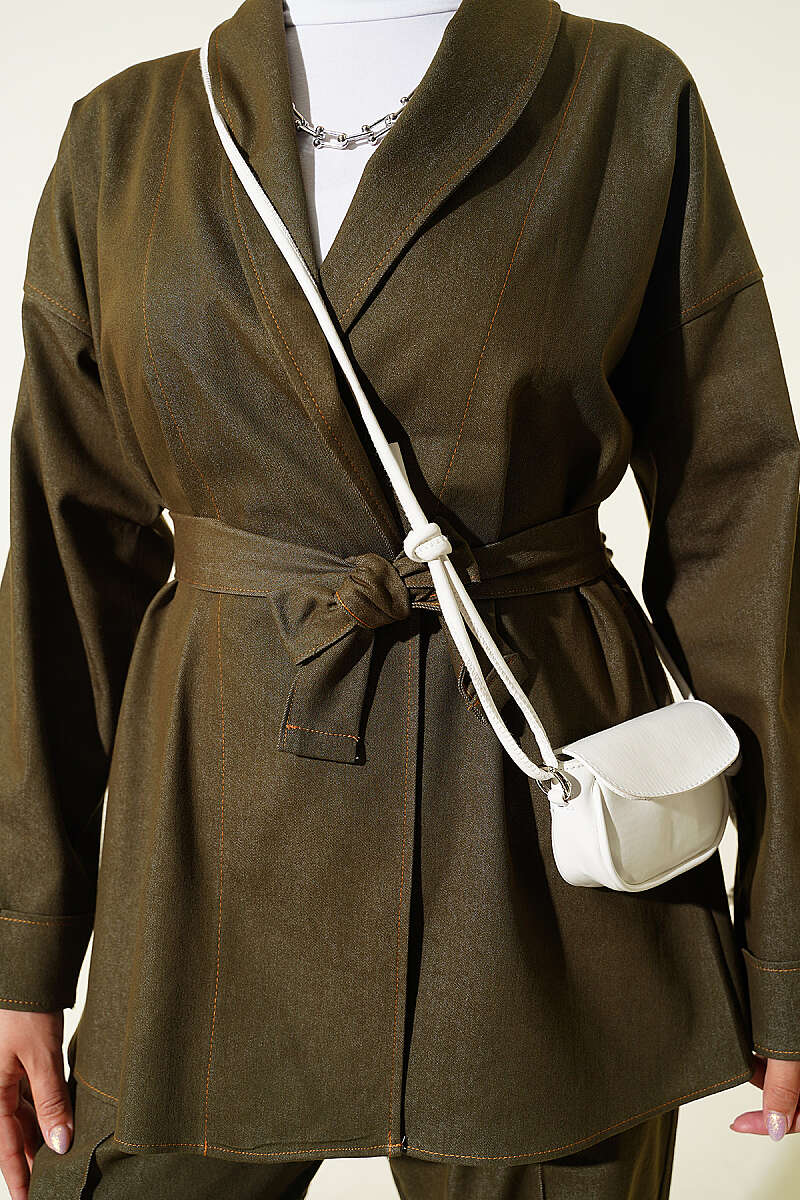 Belted Denim Two-Piece Set with Double Sleeves - Khaki
