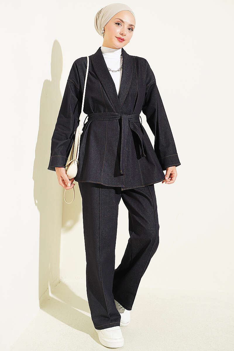 Belted Denim Two-Piece Set with Double Sleeves - Navy