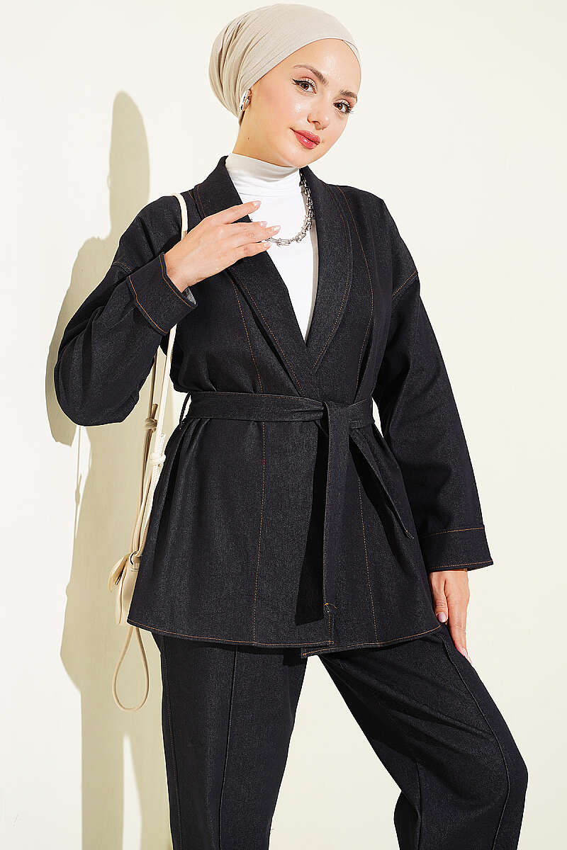 Belted Denim Two-Piece Set with Double Sleeves - Navy