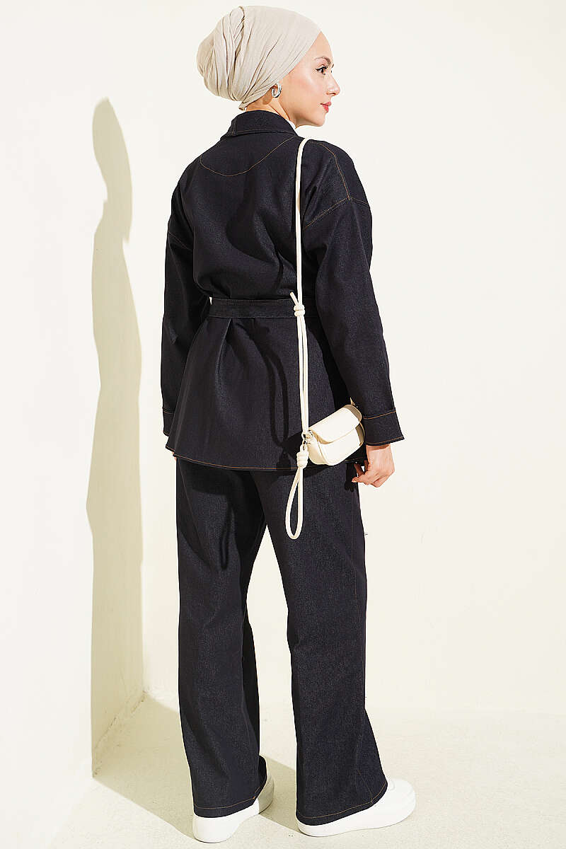 Belted Denim Two-Piece Set with Double Sleeves - Navy