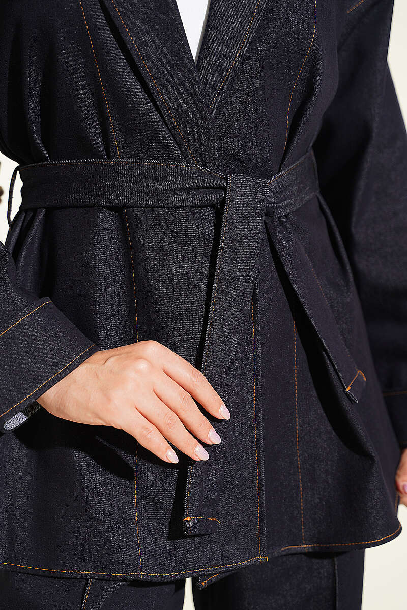 Belted Denim Two-Piece Set with Double Sleeves - Navy