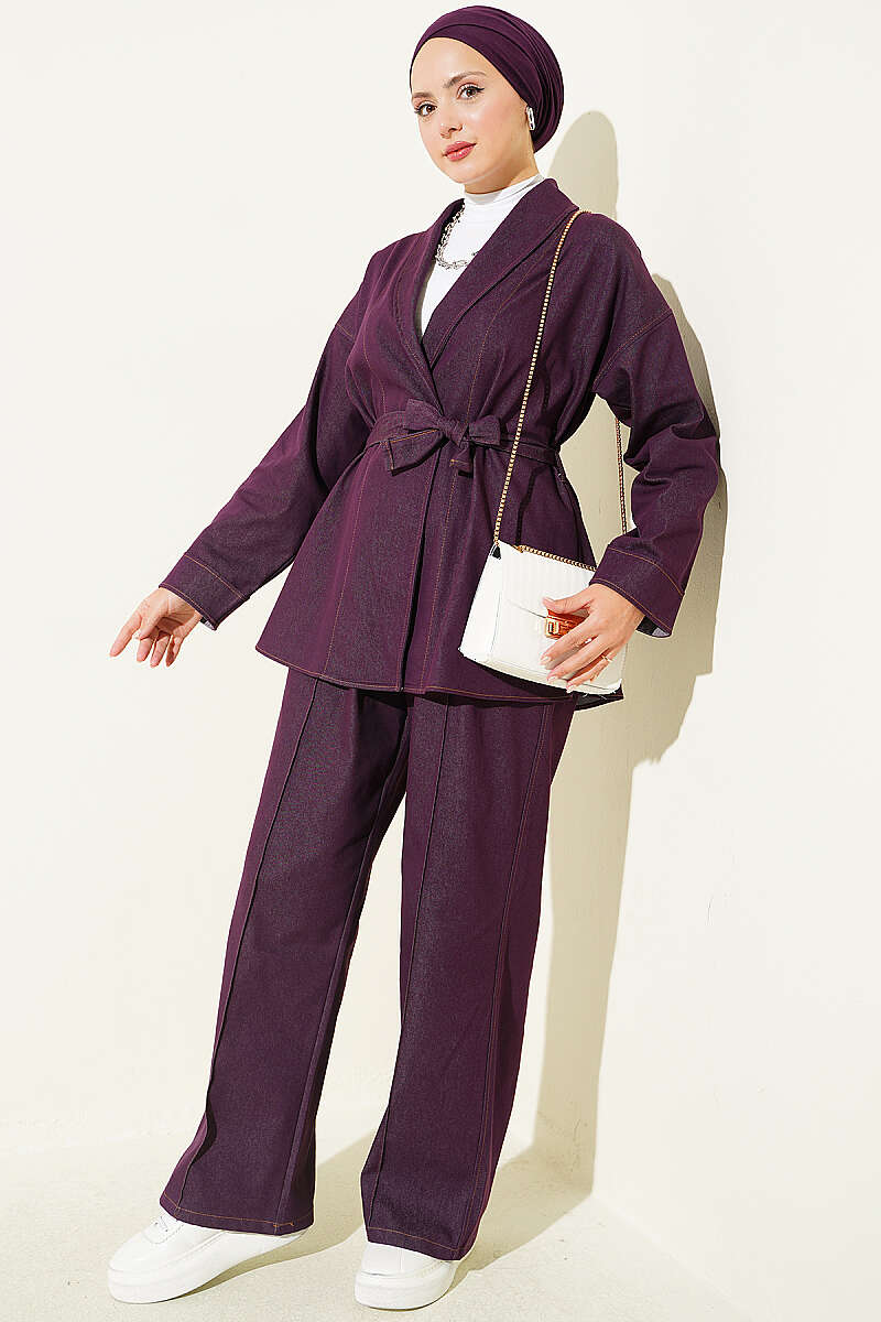 Belted Denim Two-Piece Set with Double Sleeves - Plum