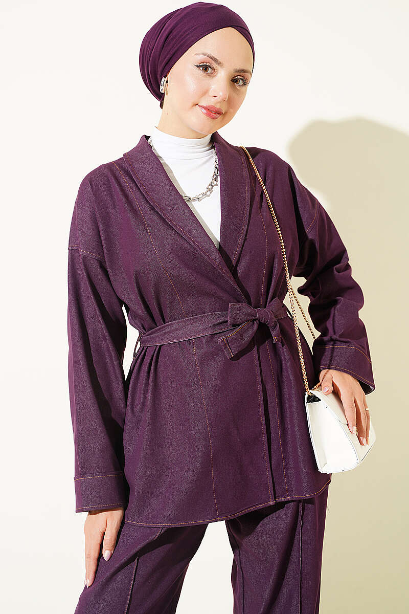 Belted Denim Two-Piece Set with Double Sleeves - Plum