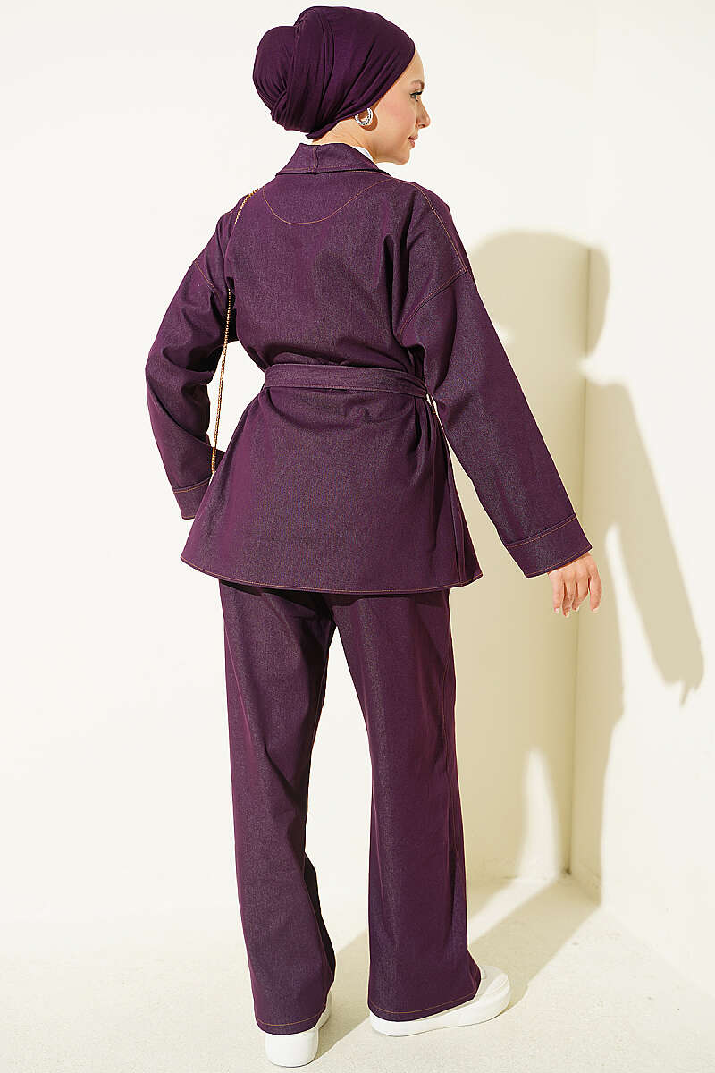 Belted Denim Two-Piece Set with Double Sleeves - Plum