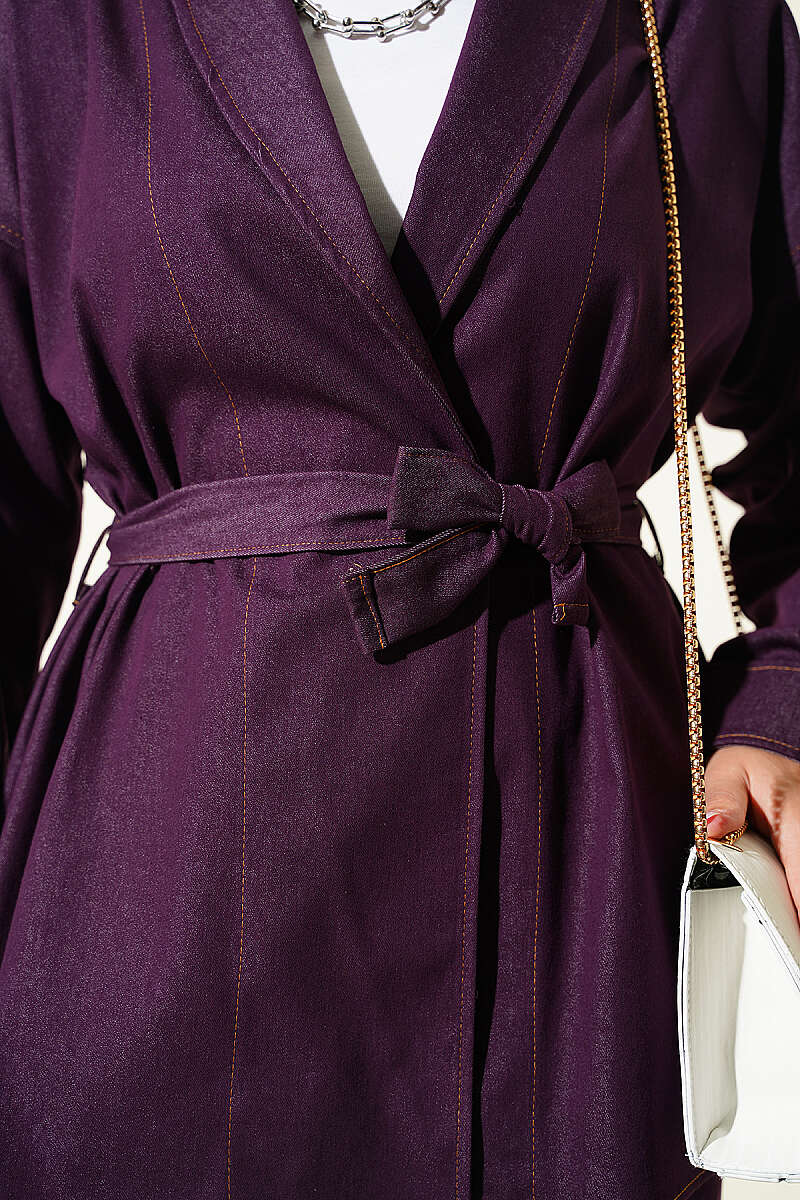 Belted Denim Two-Piece Set with Double Sleeves - Plum