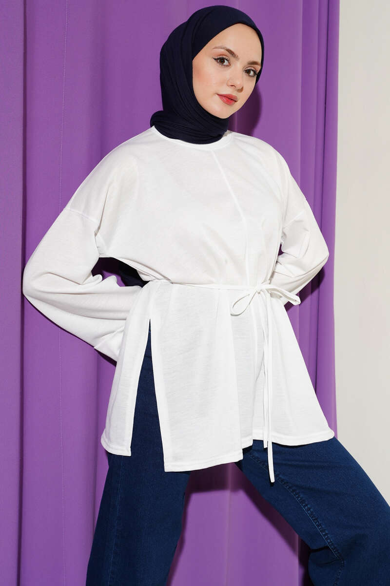 Tunic with Double Sleeves and Tie Cord - White