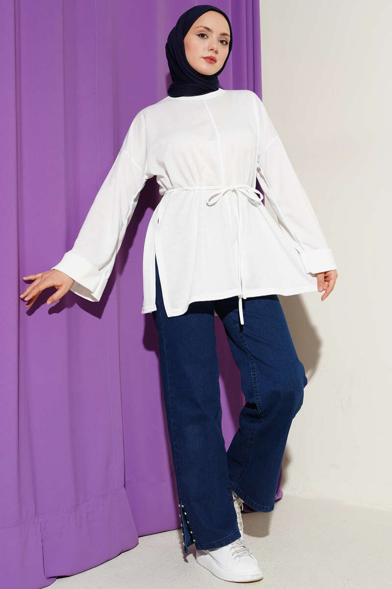 Tunic with Double Sleeves and Tie Cord - White