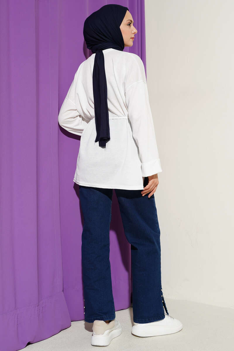 Tunic with Double Sleeves and Tie Cord - White