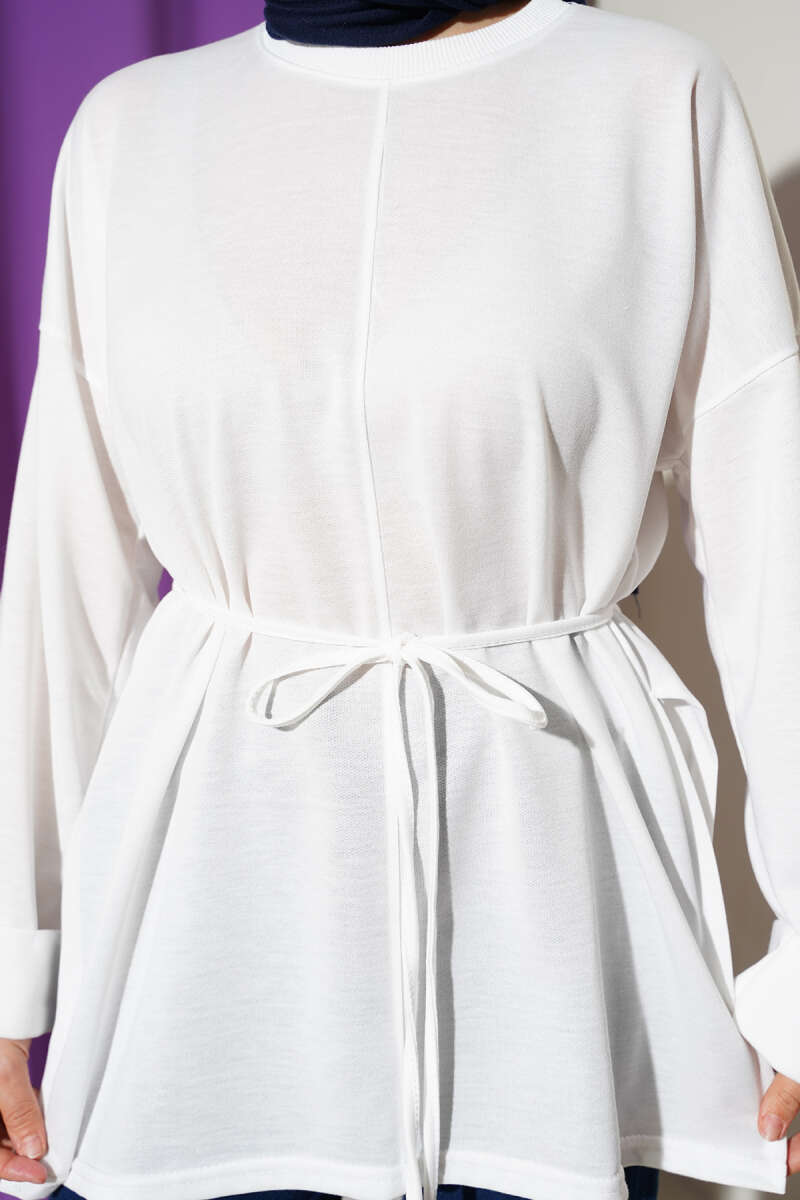 Tunic with Double Sleeves and Tie Cord - White