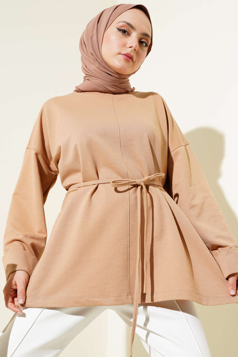 Tunic with Double Sleeves and Tie Cord - Camel