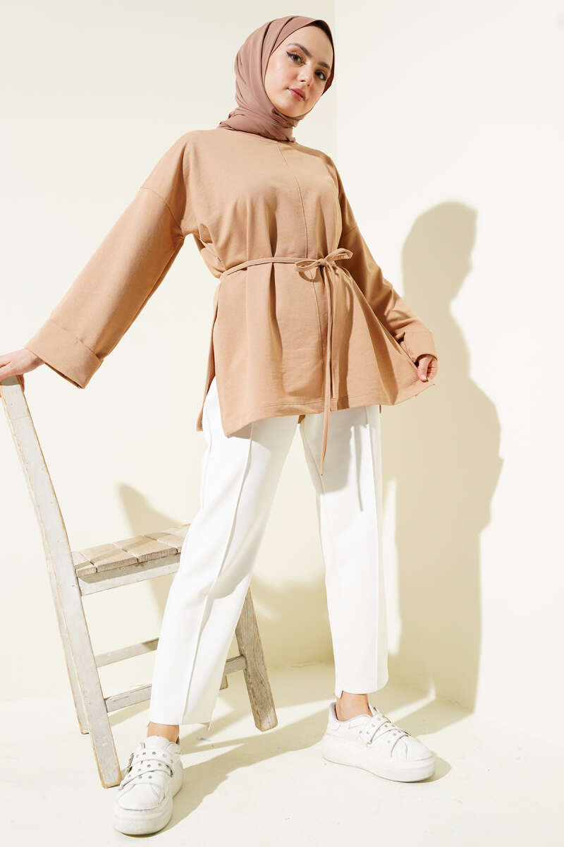 Tunic with Double Sleeves and Tie Cord - Camel