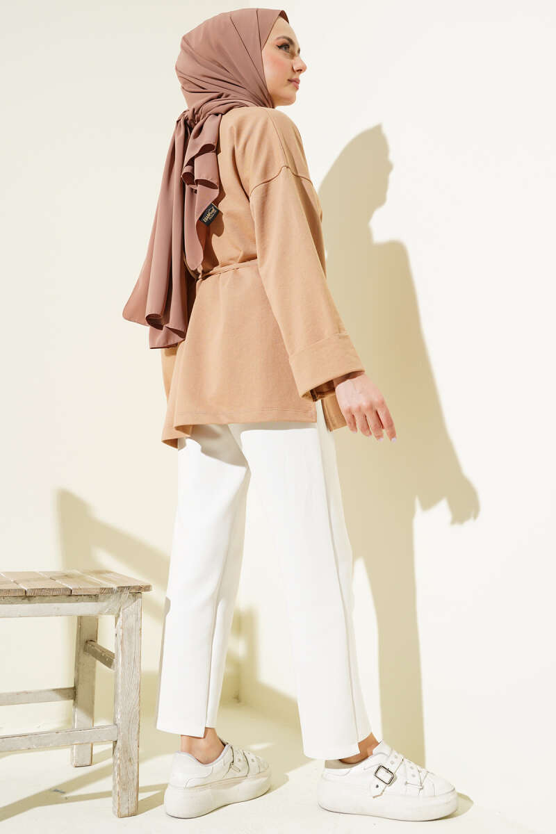 Tunic with Double Sleeves and Tie Cord - Camel