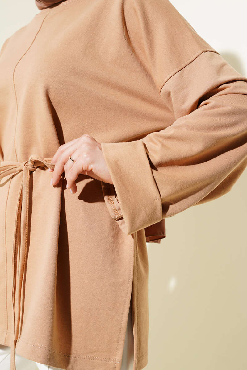 Tunic with Double Sleeves and Tie Cord - Camel