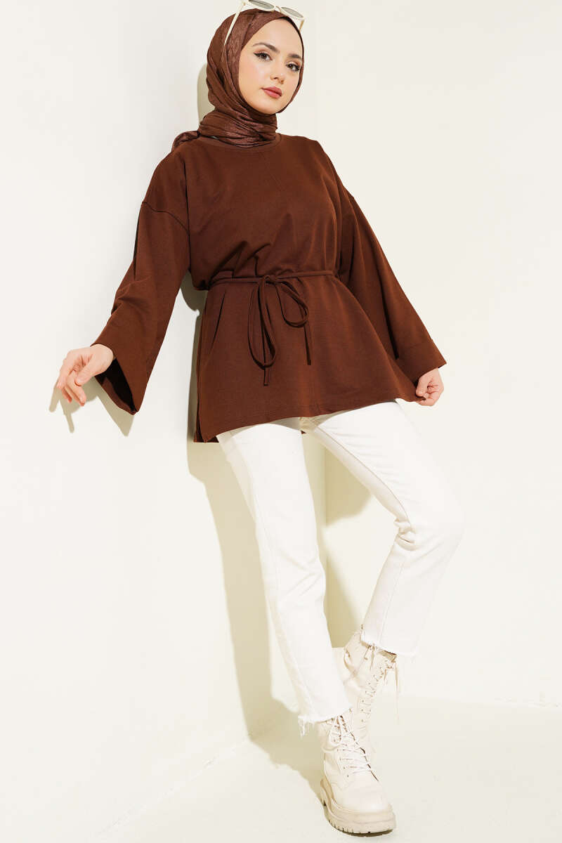 Tunic with Double Sleeves and Tie Cord - Brown