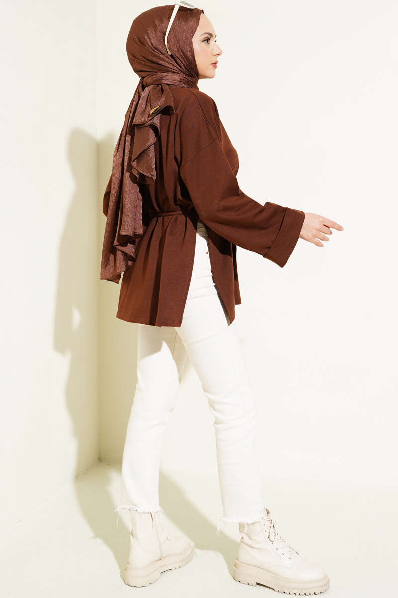 Tunic with Double Sleeves and Tie Cord - Brown