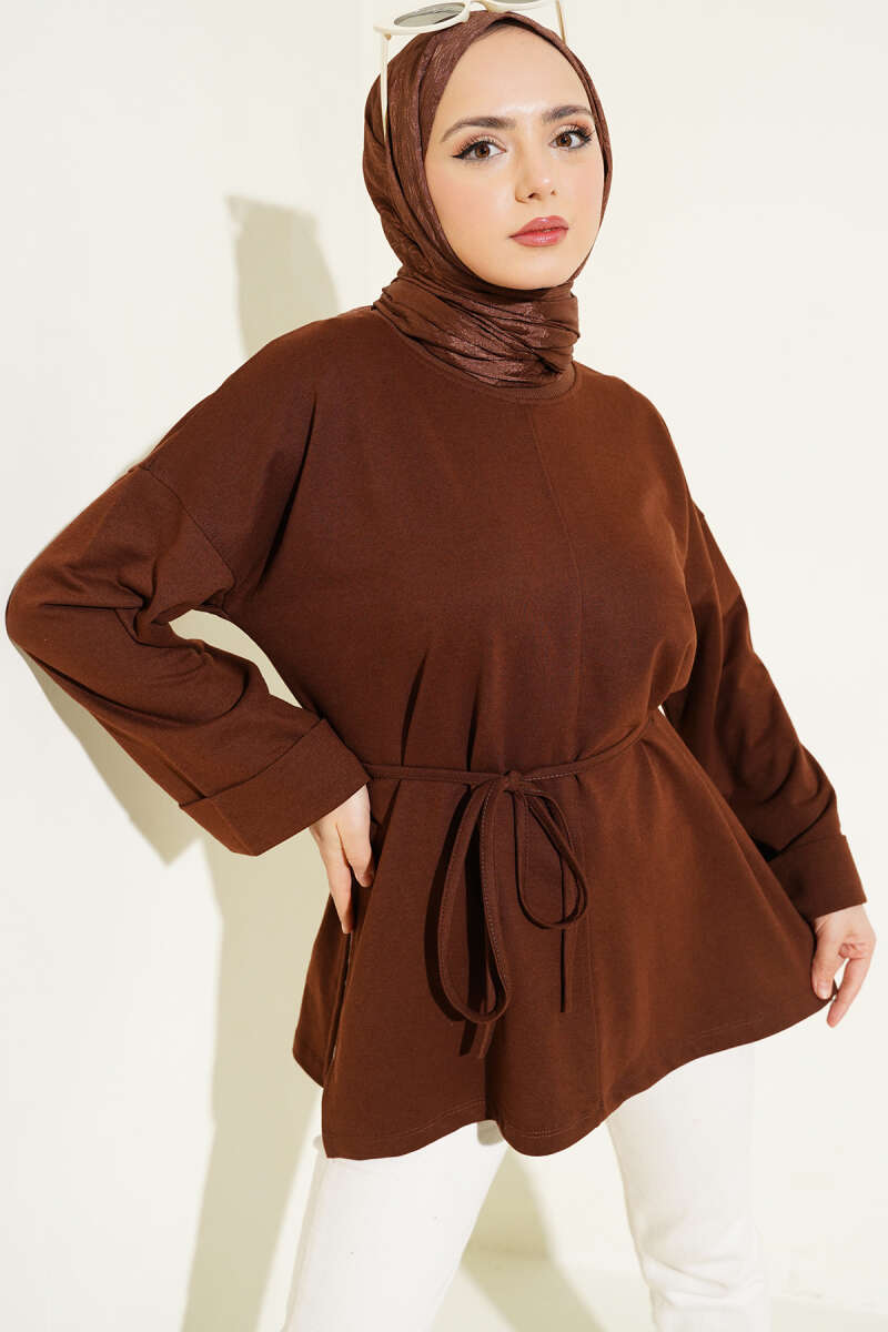 Tunic with Double Sleeves and Tie Cord - Brown