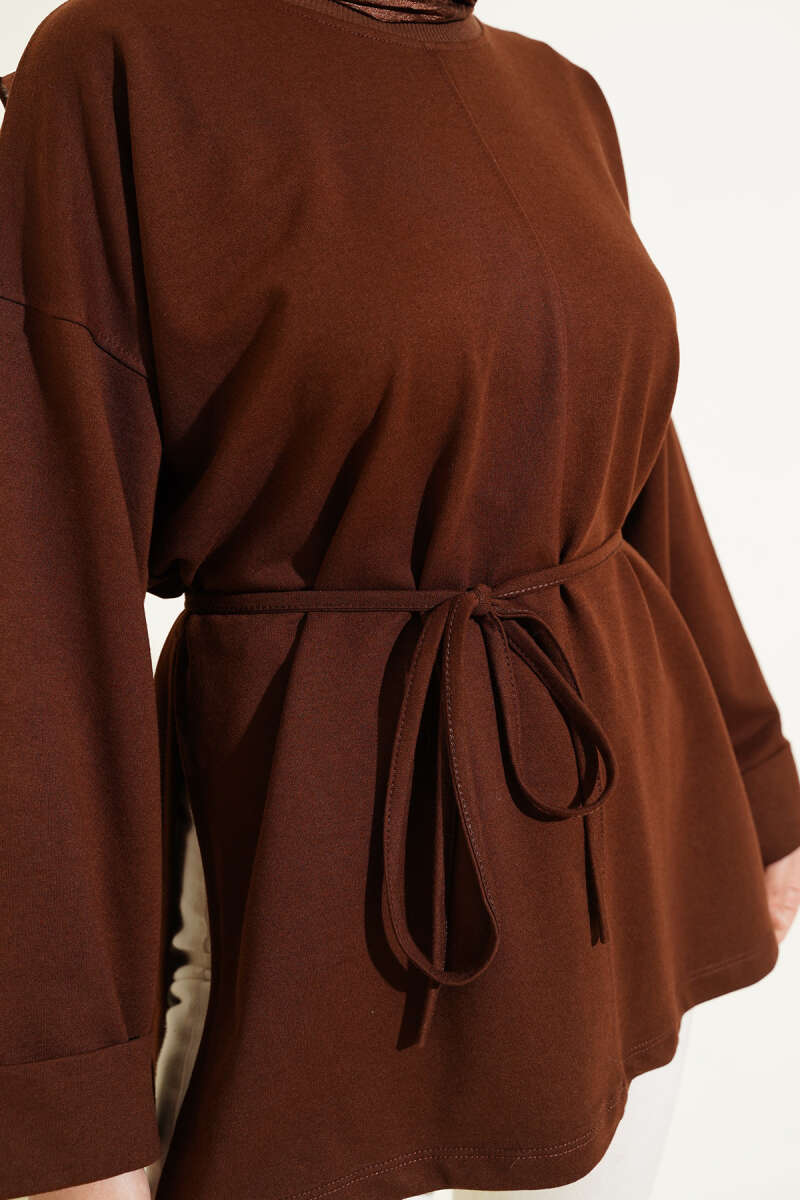 Tunic with Double Sleeves and Tie Cord - Brown