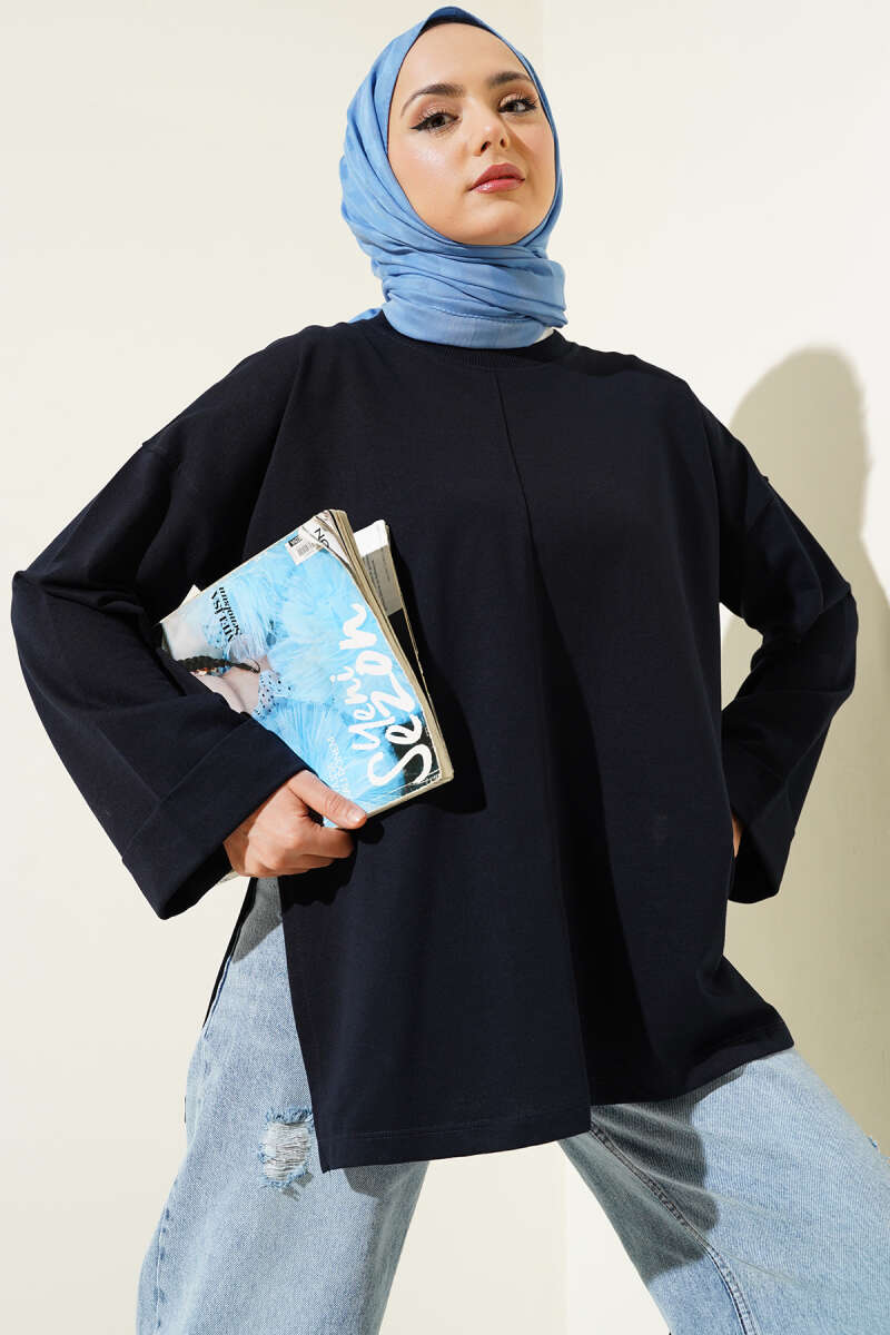 Tunic with Double Sleeves and Tie Cord - Navy