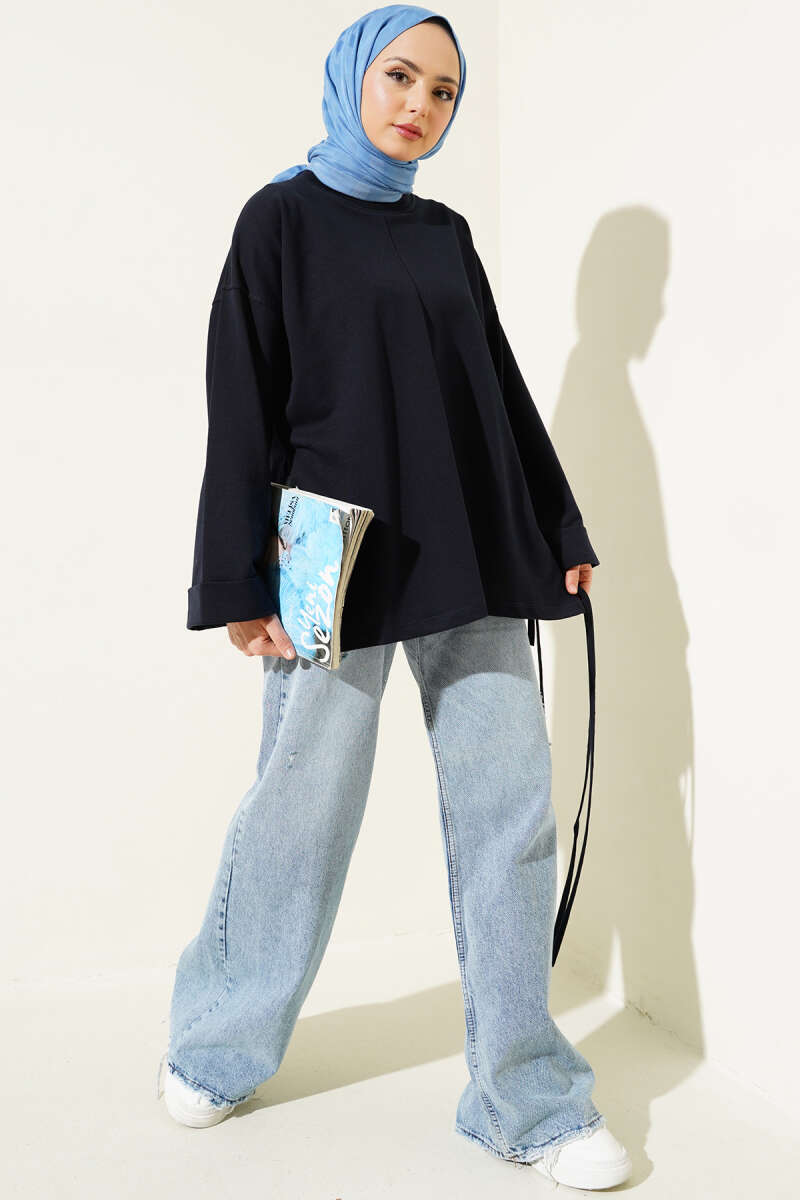 Tunic with Double Sleeves and Tie Cord - Navy