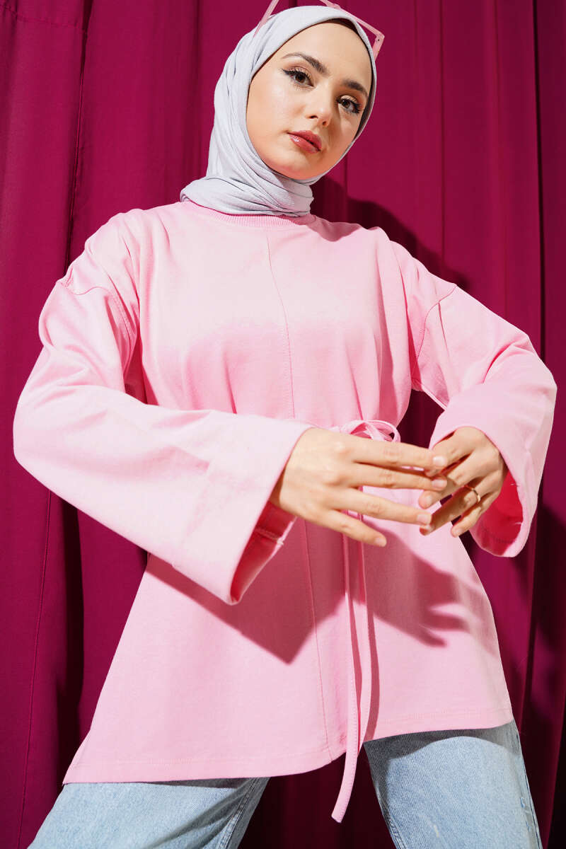 Tunic with Double Sleeves and Tie Cord - Pink