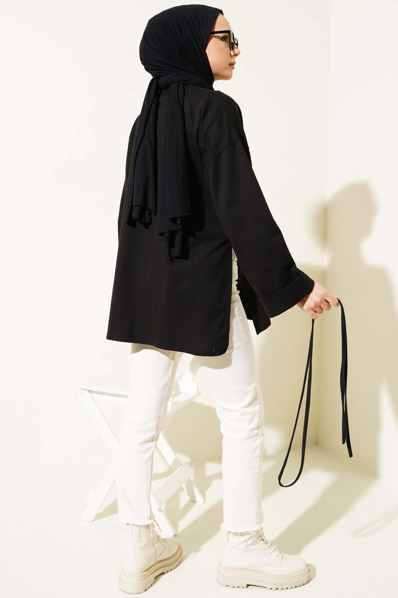 Tunic with Double Sleeves and Tie Cord - Black