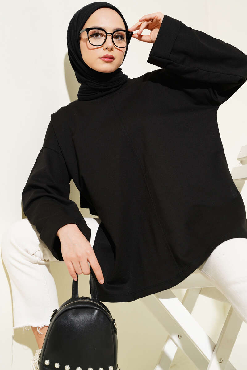 Tunic with Double Sleeves and Tie Cord - Black