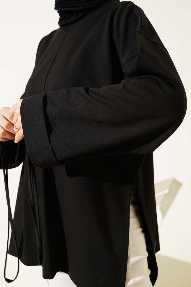 Tunic with Double Sleeves and Tie Cord - Black
