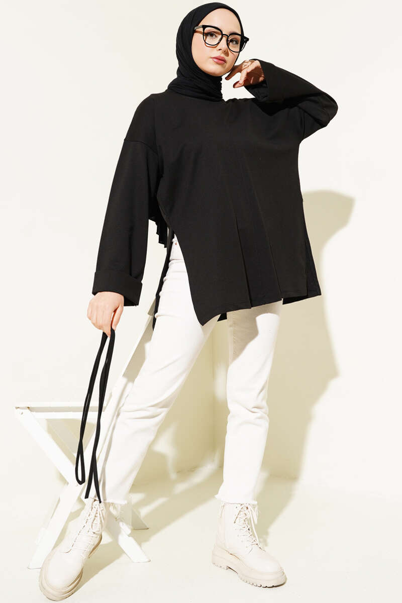 Tunic with Double Sleeves and Tie Cord - Black