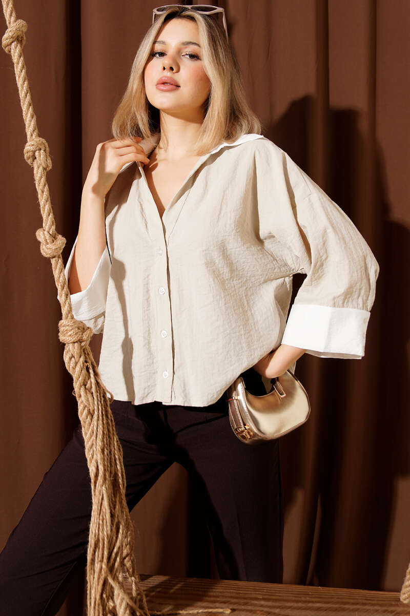Short Oversized Double-Sleeve Shirt - Beige
