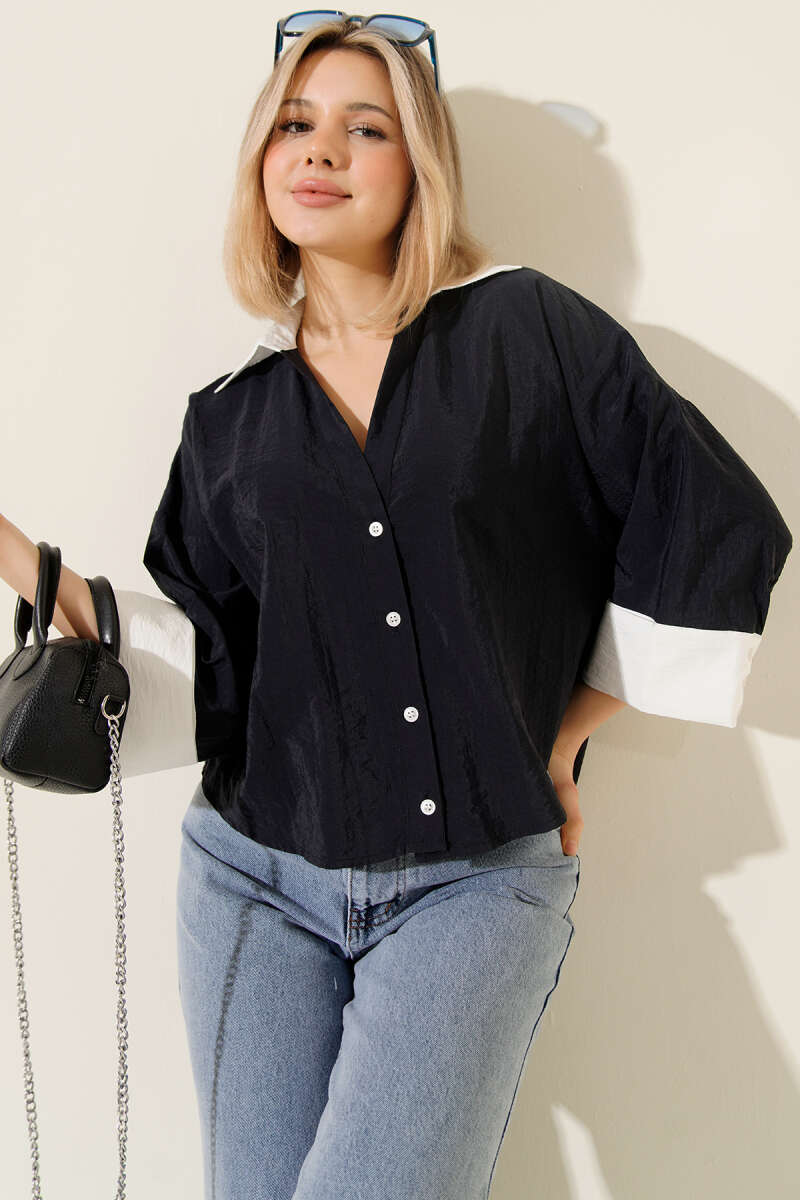 Short Oversized Double-Sleeve Shirt - Navy
