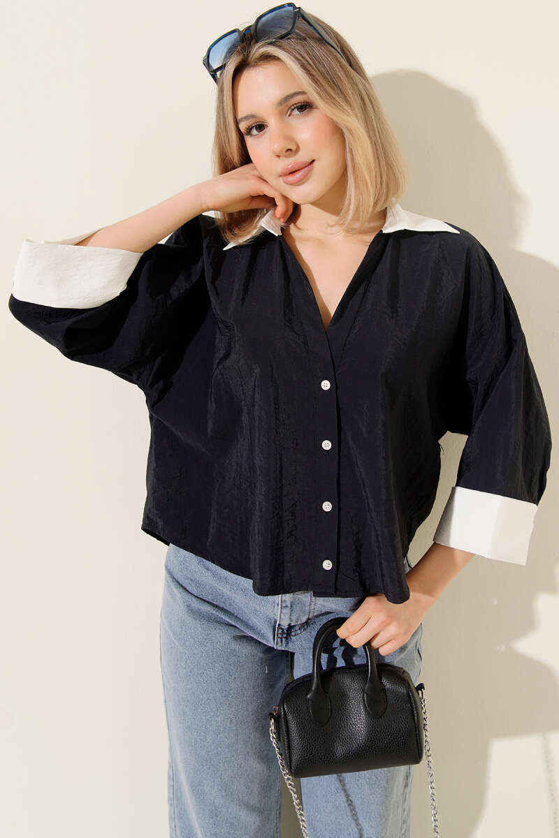 Short Oversized Double-Sleeve Shirt - Navy
