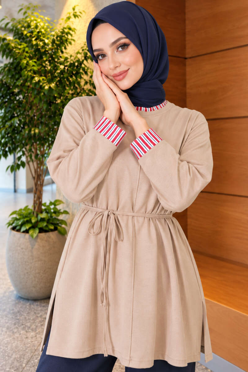 Tunic with Double Sleeves and Collar Trim - Beige