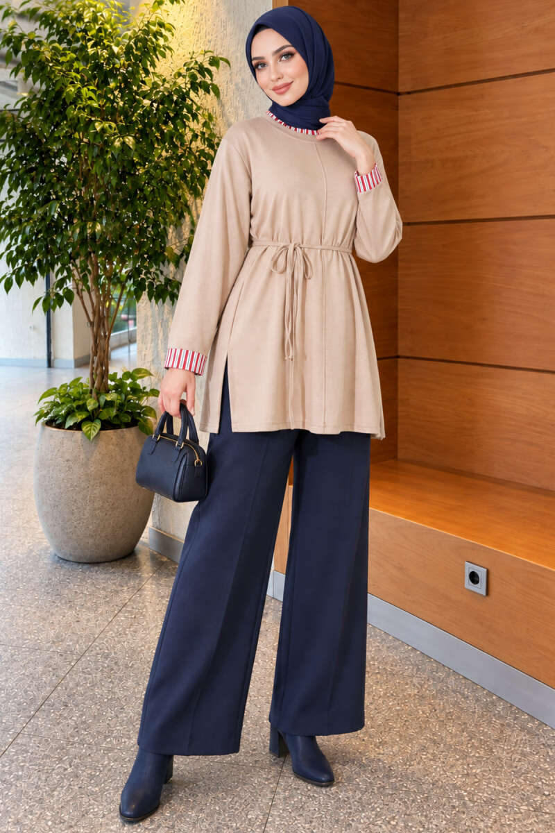 Tunic with Double Sleeves and Collar Trim - Beige