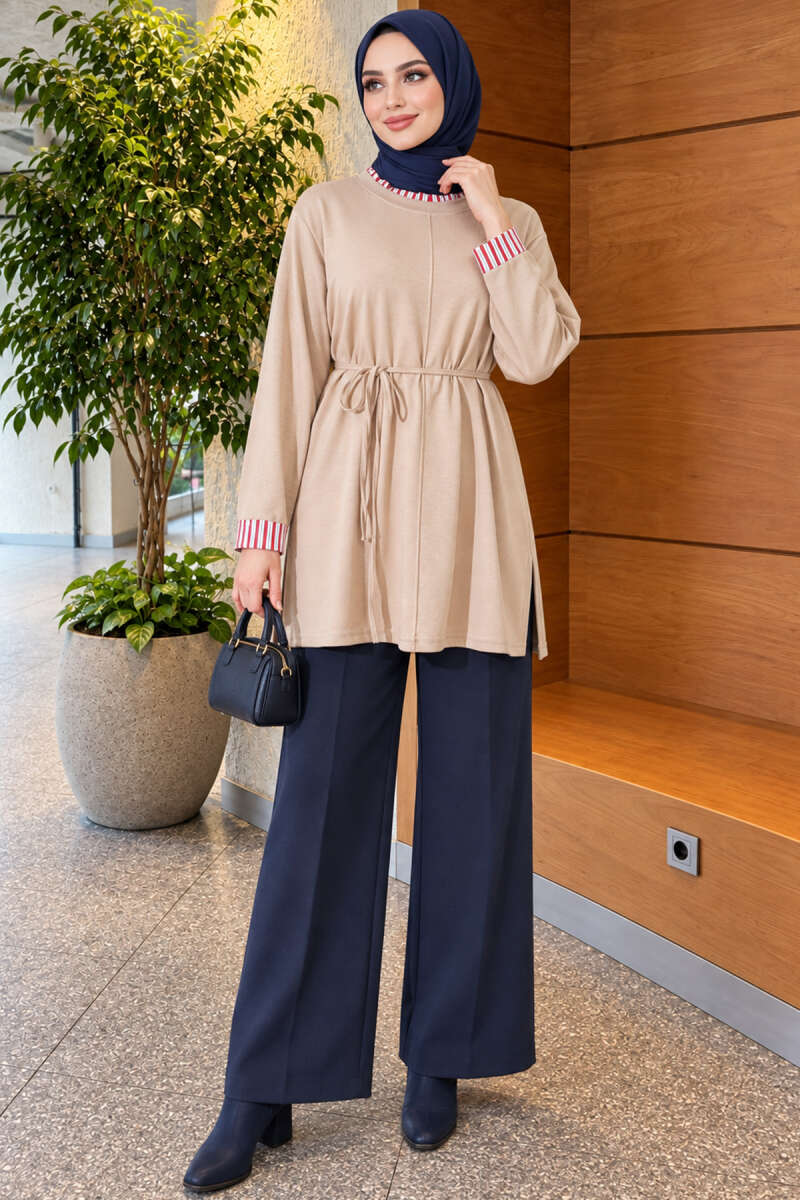 Tunic with Double Sleeves and Collar Trim - Beige