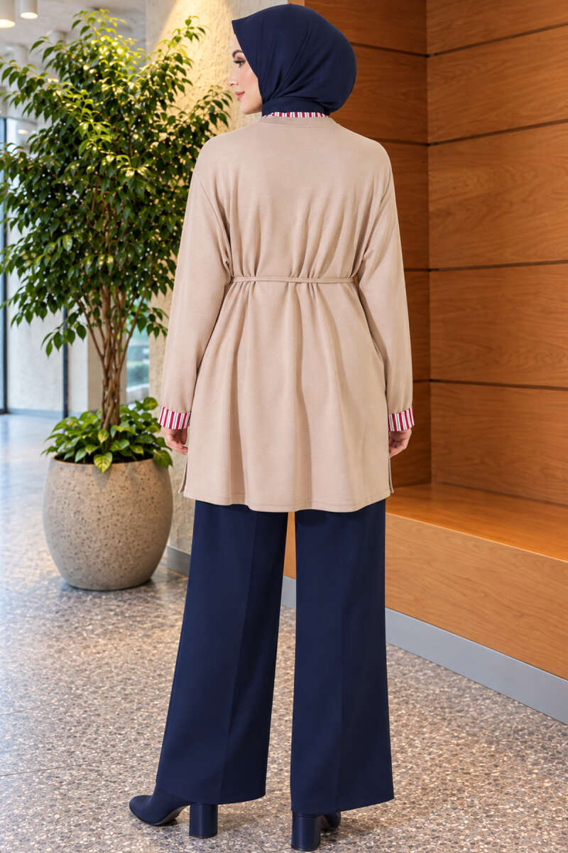 Tunic with Double Sleeves and Collar Trim - Beige