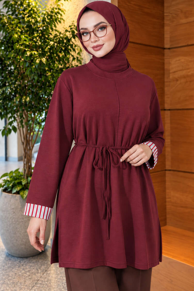 Tunic with Double Sleeves and Collar Trim - Burgundy